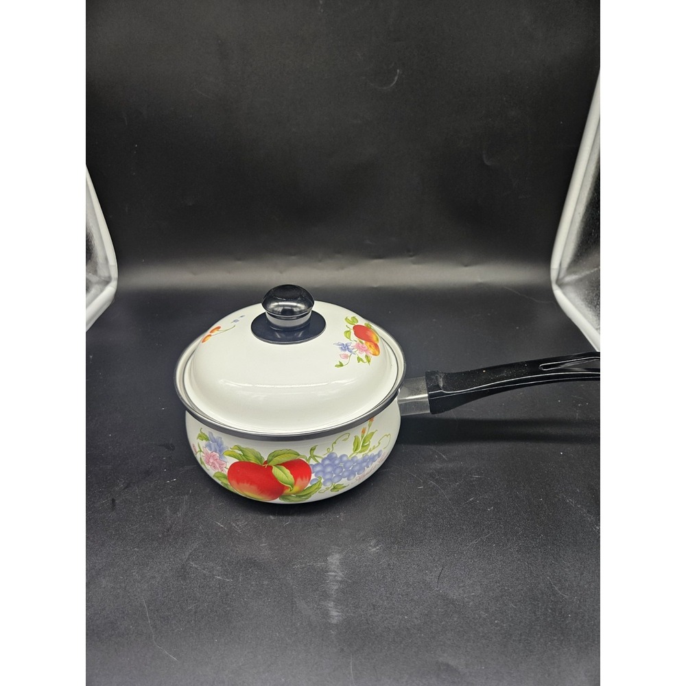 Vintage Enamelware Apple & Grape Medium Pot